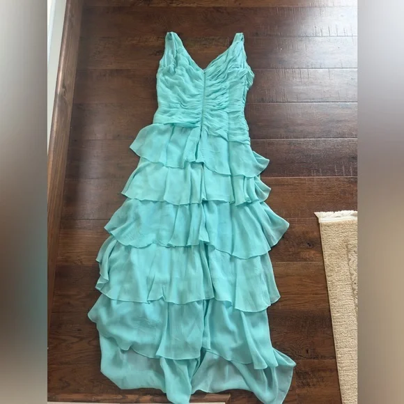 Tadashi Shoji Blue Green Ruched Tiered Gown - Picture 2 of 3